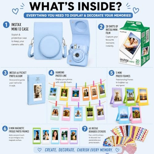 Camera Case - Frosty Blue + INSTAX Mini Instant Film - 20 Shot + Mini Photo Album - 64 Pocket + Hanging Photo Display + Mini Desktop Photo Frames + Magnetic Fridge Photo Frames + Photo Border Stickers - 60