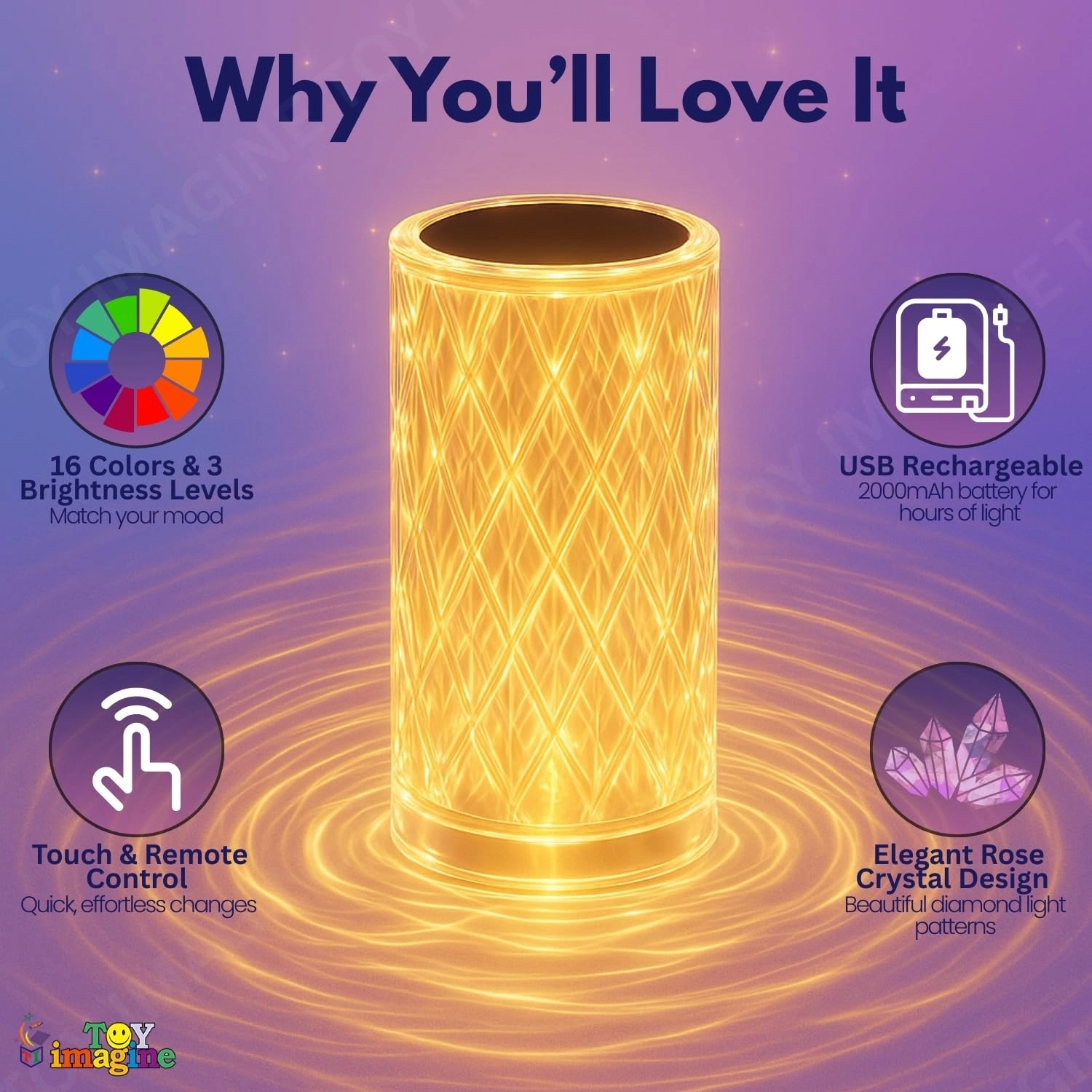 Crystal Diamond LED Table Lamp - 16 Color Changing Touch Remote USB Rechargeable