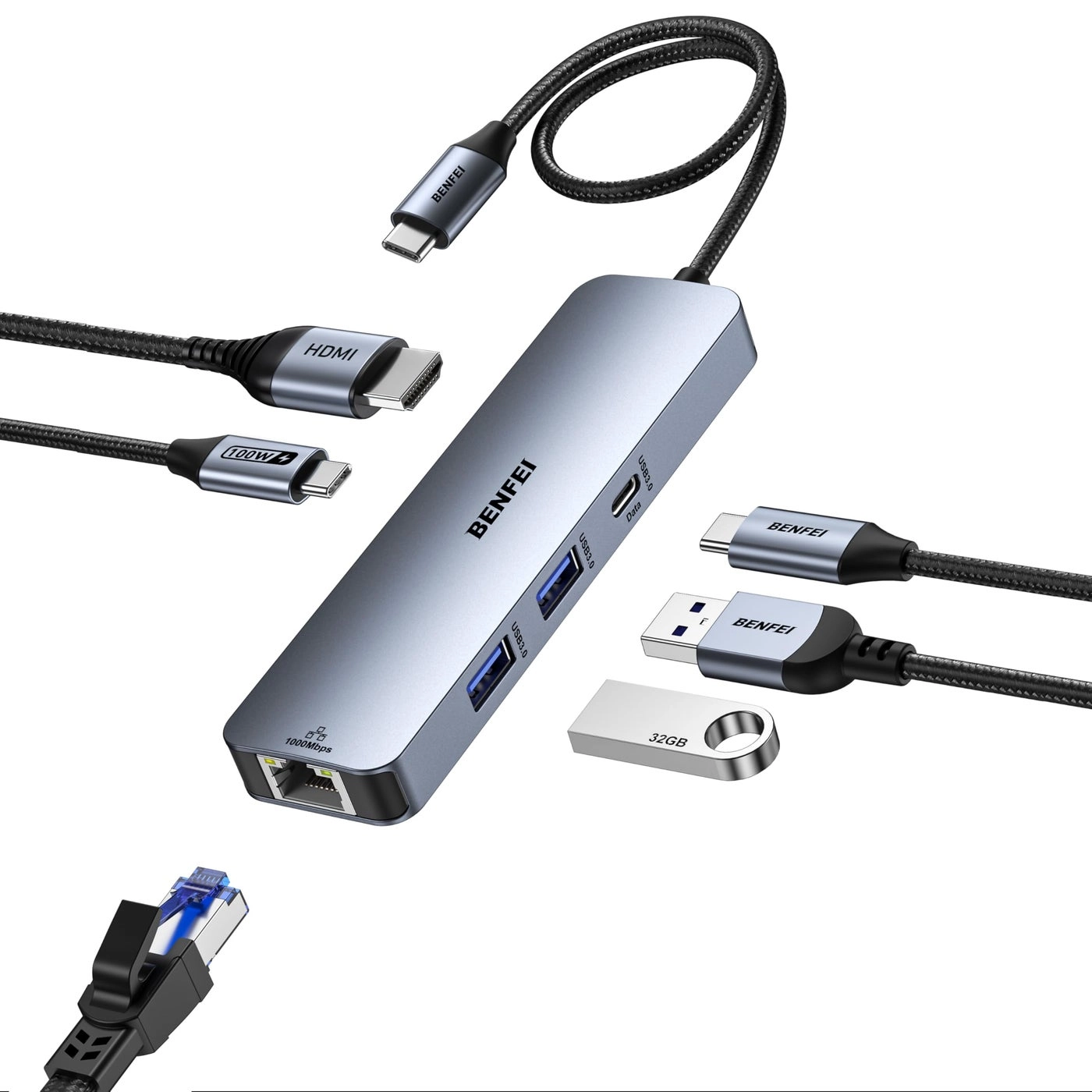 8-in-1 USB C Hub - 4K@60Hz 100W PD Gigabit Ethernet