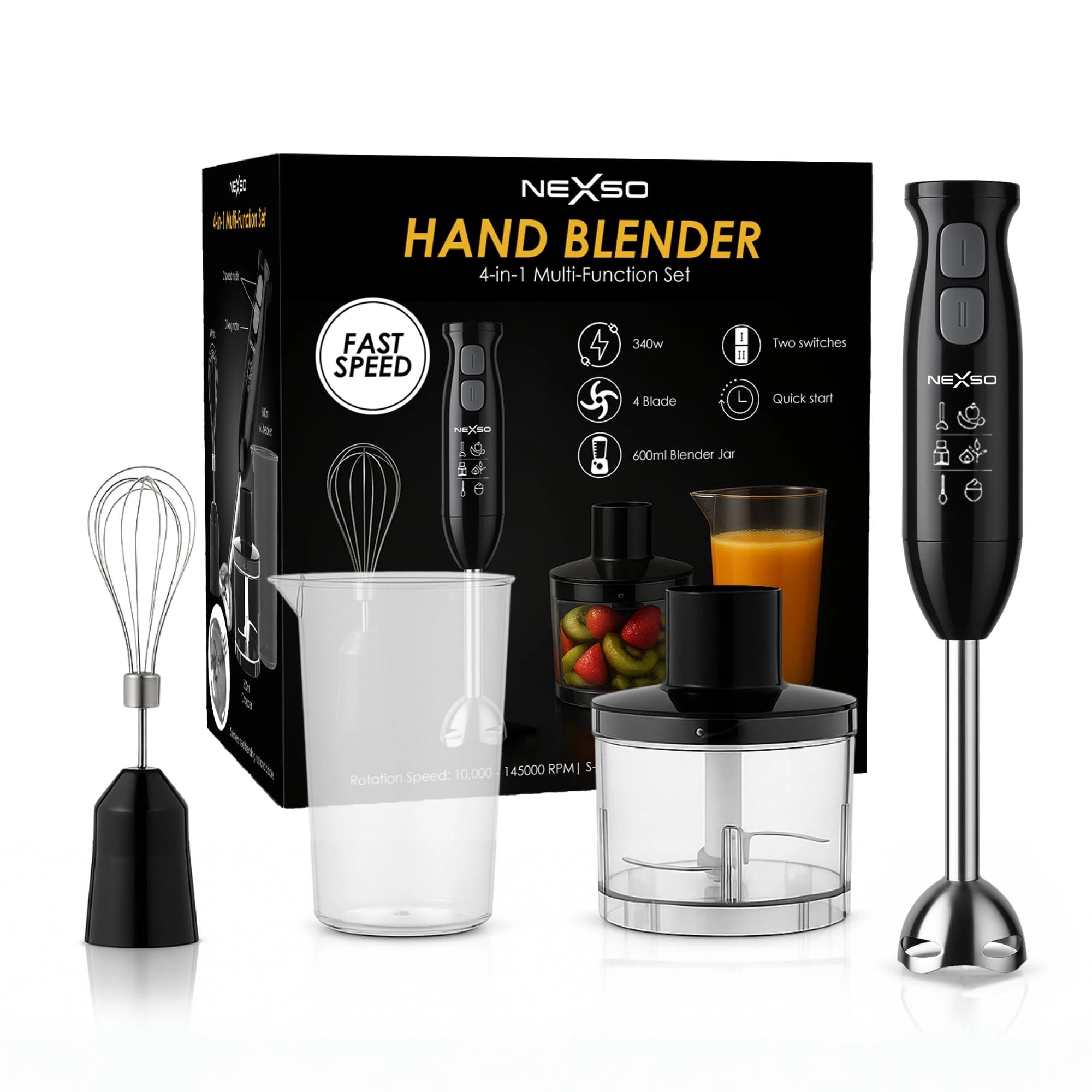 Nexso Hand Blender - 4-in-1 Multi-Function Two-Speed Control Stainless Steel Blades