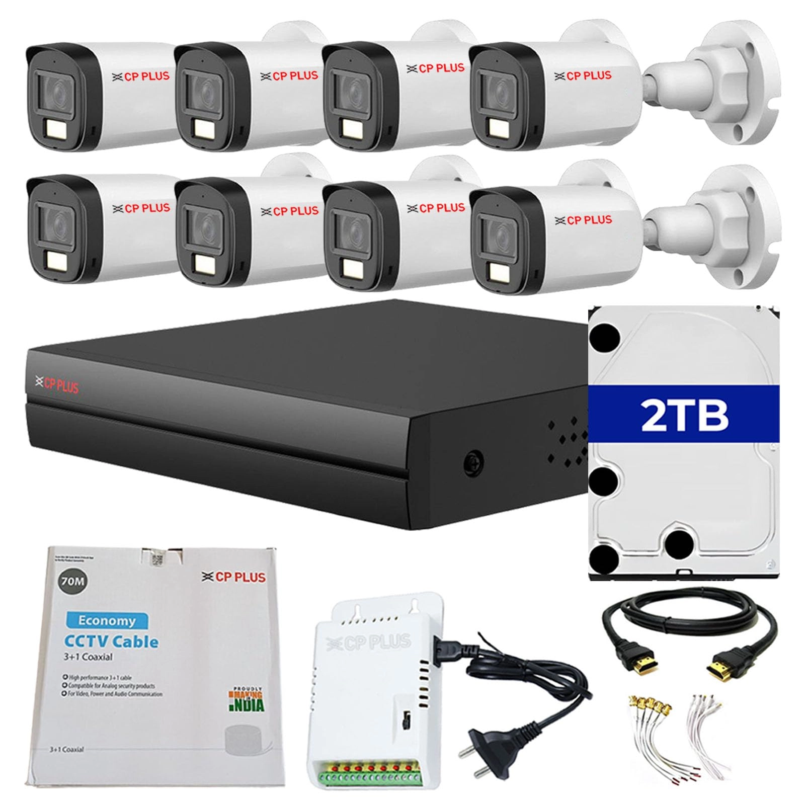 Aditya Infotech Limited DVR - 8 channels + Outdoor Camera - 2.4 MP + Power Supply + CCTV Cable - 70 Meters + Hard Drive - 2 TB + BNC & DC Connectors + HDMI Cable
