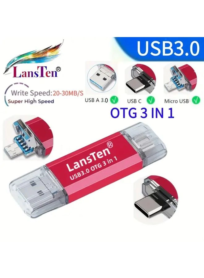 LANSTEN 3-in-1 Flash Drive - USB 3.0 USB-A USB-C Micro-USB 16GB