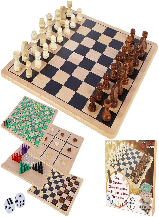 5-in-1 Wooden Board Game - 2 Reversible Boards Portable