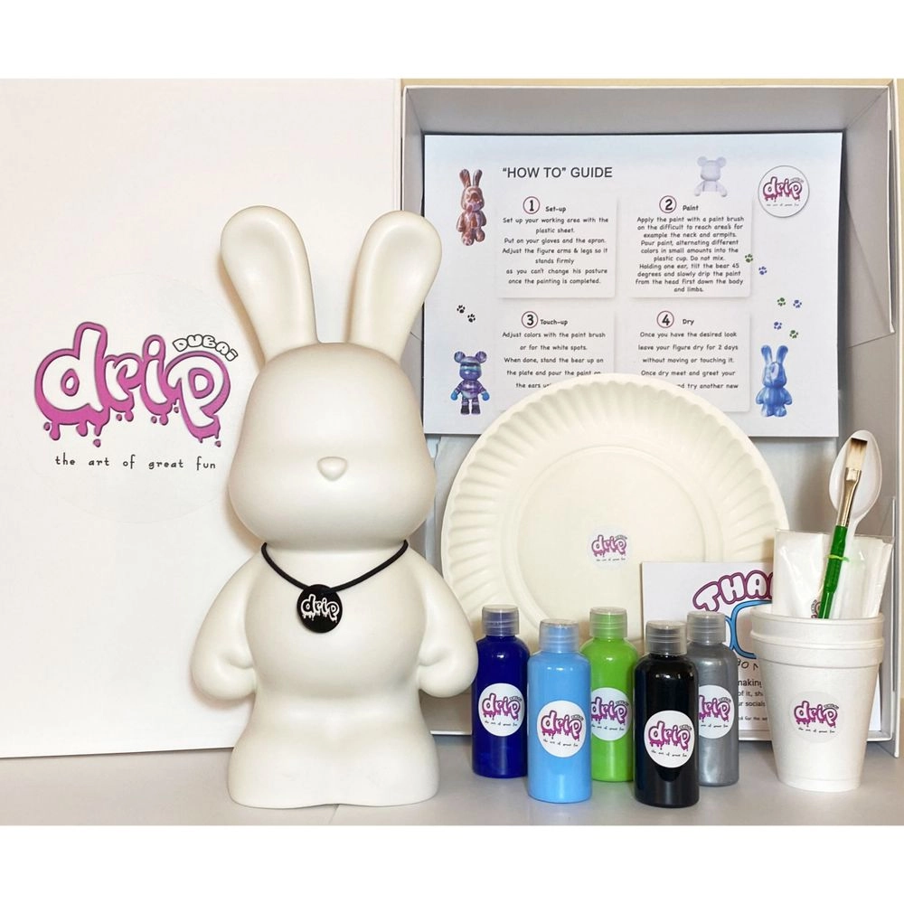DIY Bunny Fluid Acrylic Pouring Paint Kit - 5 acrylic paints 2 oz/60 ml each; apron; clear cups; plate; gloves; paintbrush; pipette; spoon; table sheet