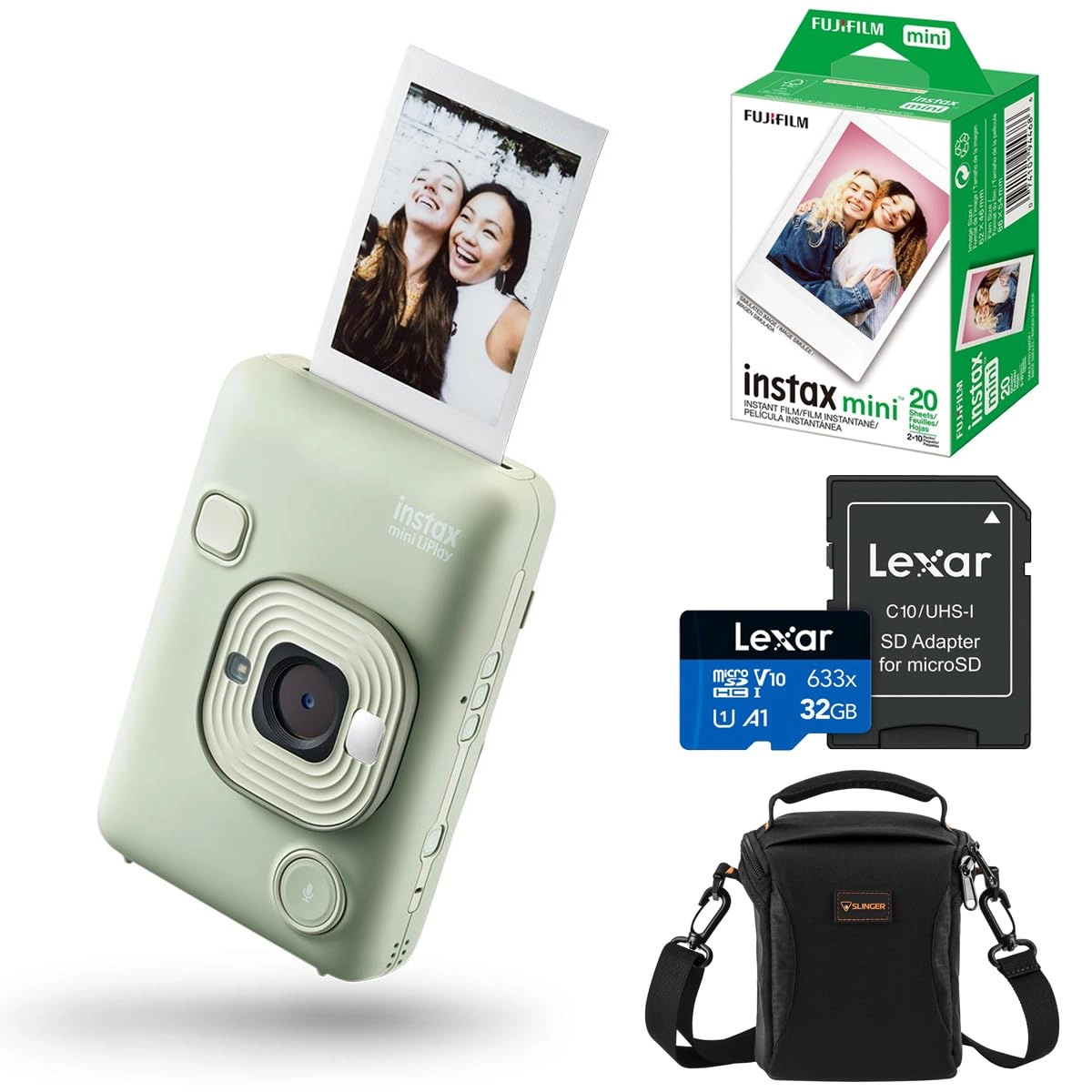INSTAX Mini LiPlay - Hybrid Instant Camera + INSTAX Mini Twin Film Pack - 20 Sheets + 32GB microSD Card + USB Charging Cable + Hand Strap + Camera and Lens Cleaning Cloth - Grey