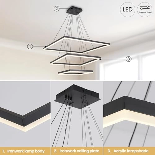Modern LED 3-Square Chandelier - 3000K-6000K Dimmable