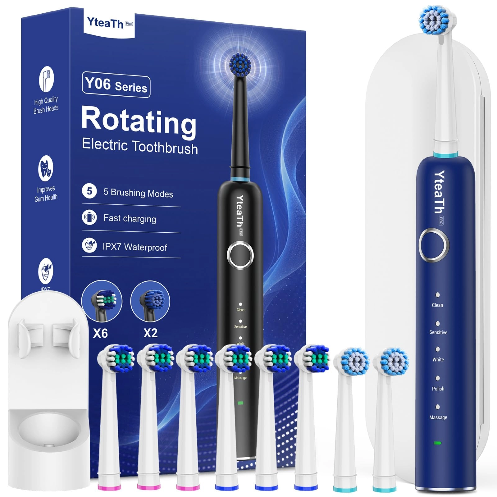 Electric Toothbrush - Rotating 8 Brush Heads Matte Black