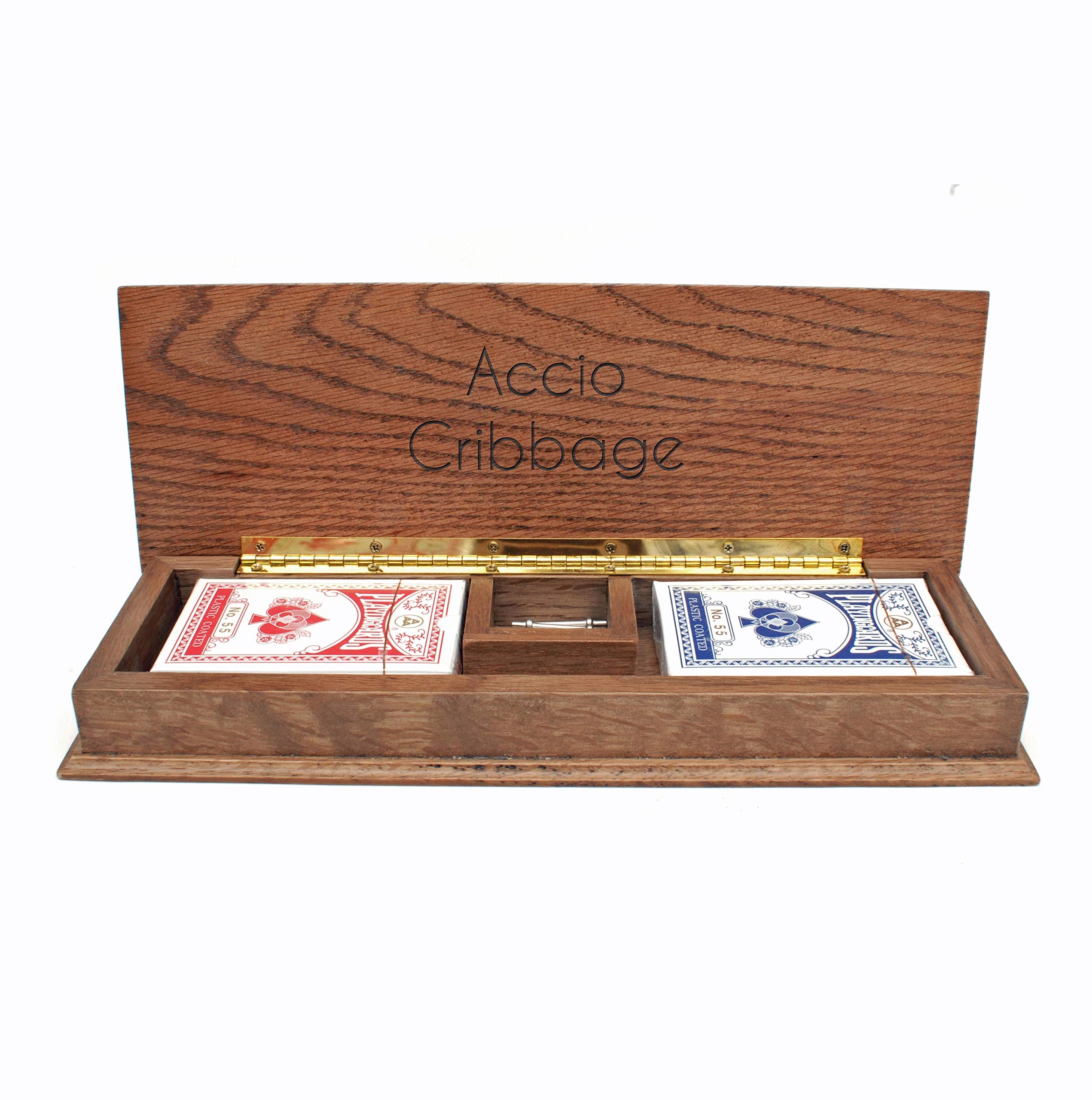 WE Games Cabinet Cribbage Set - Solid Oak 3 Track Metal Pegs
