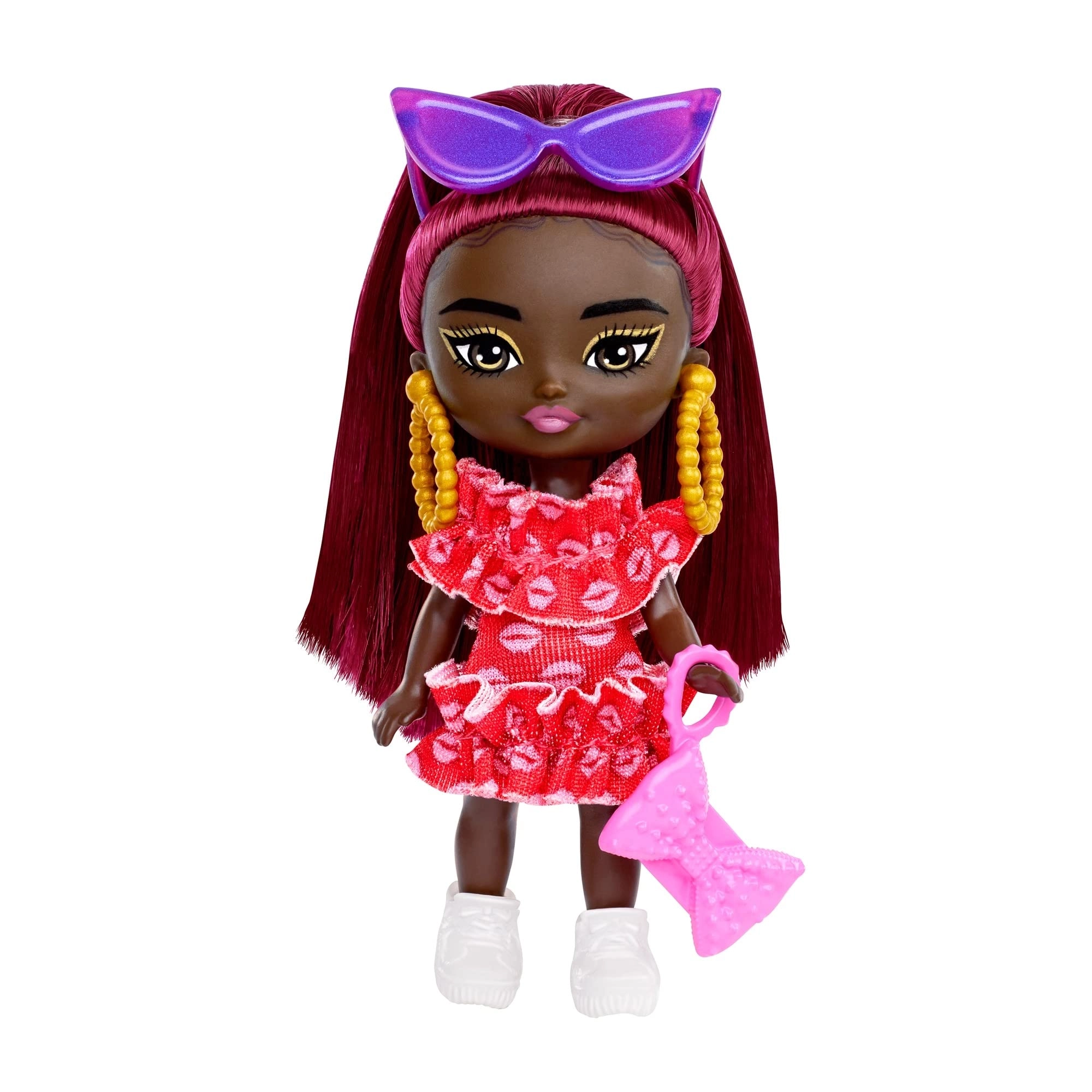 Barbie Extra Mini Doll - Burgundy Hair Red Ruffle Dress Ages 5+