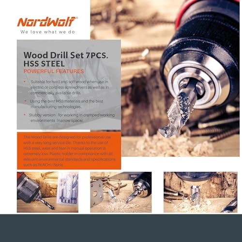 HSS Brad Point Stubby Wood Drill Bit Set - 7-Piece 1/16"-3/32"-1/8"-3/16"-1/4"-5/16"-3/8"