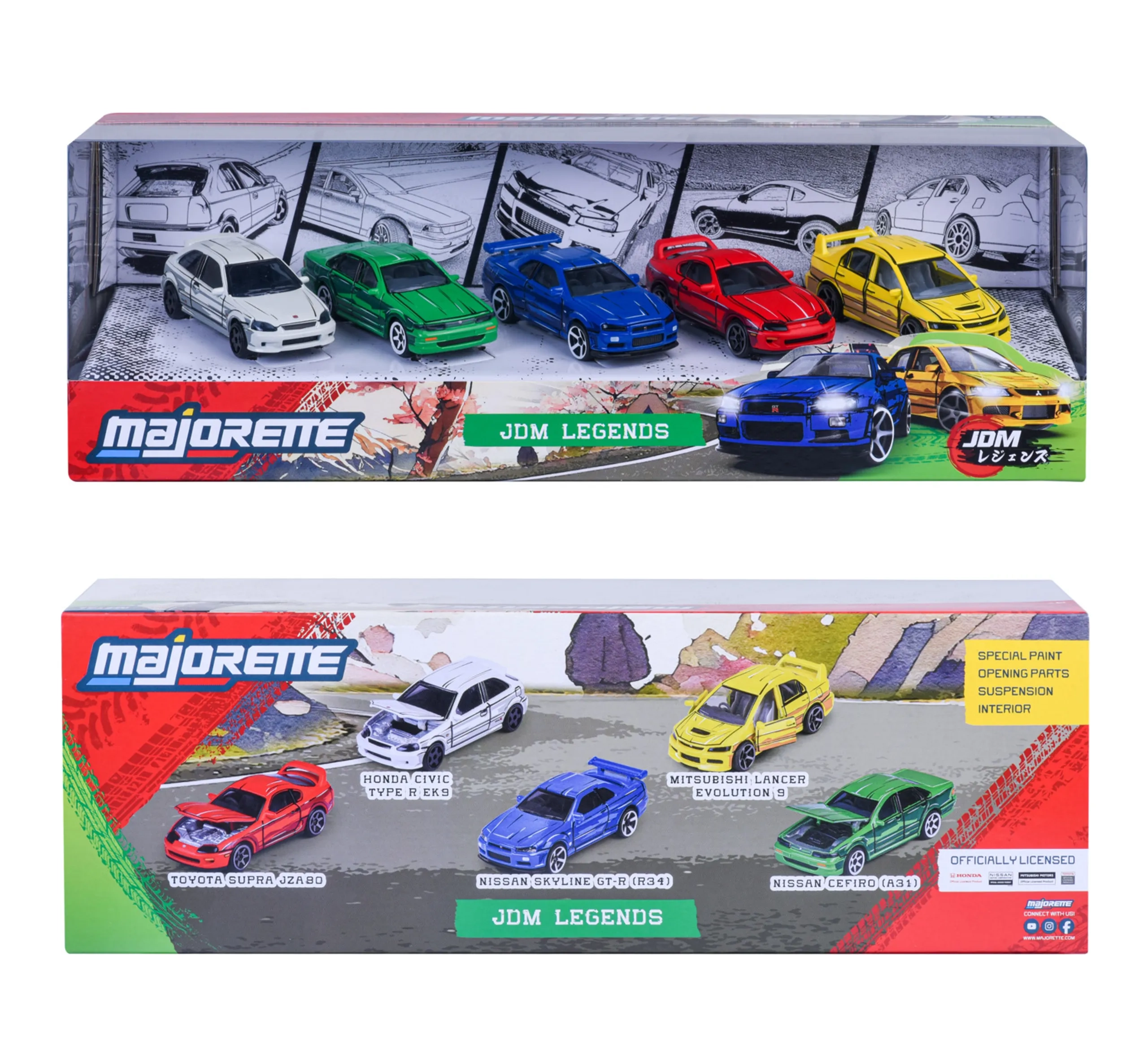 Civic Type R EK9 + Cefiro A31 + Skyline GT-R R34 + Supra JZA80 + Lancer Evolution 9 - 1:64 diecast