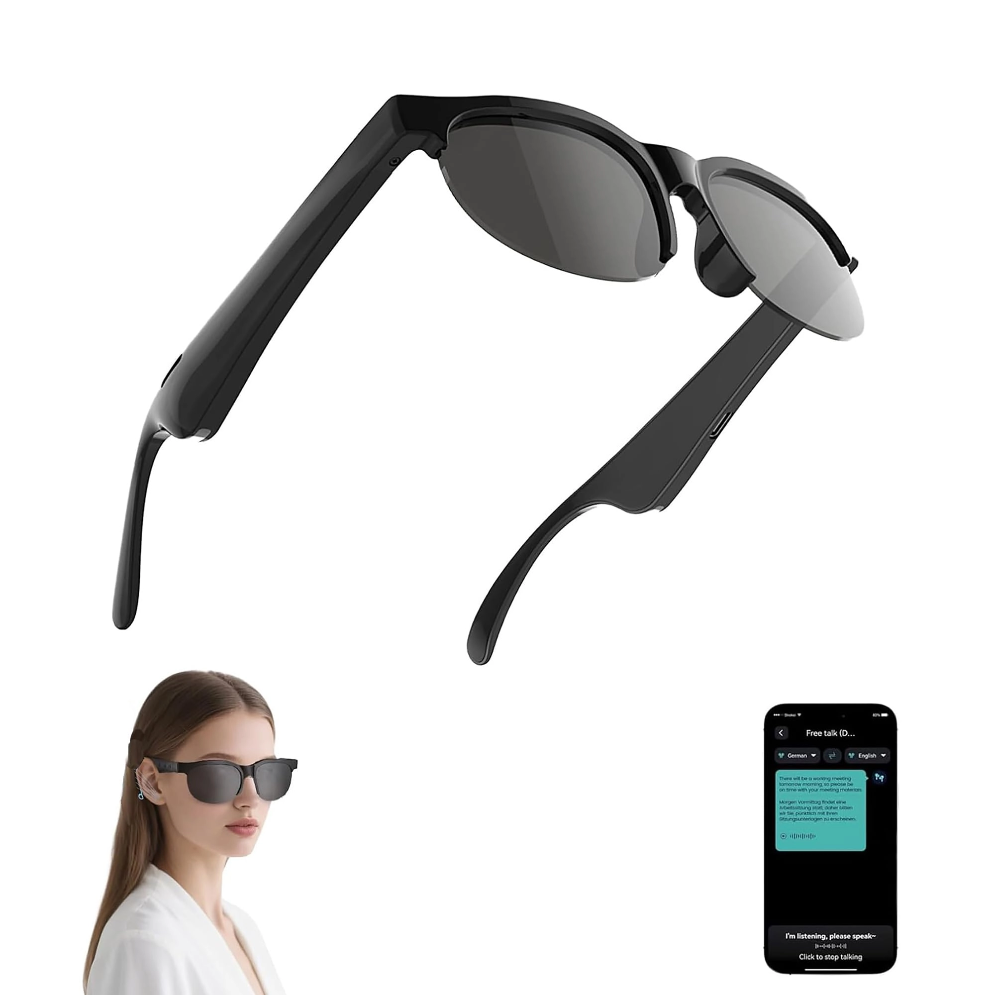 Jcodgle AI Translator Smart Glasses - Bluetooth Audio Photochromic Lenses Real-Time Translation