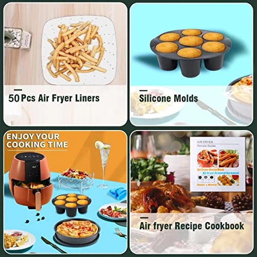 Cake Barrel + Pizza Pan + Cupcake Pan + Metal Holder + Skewer Rack + Silicone Mat + Food Tong + Oil Brush + Air Fryer Liners + Plate Gripper + Silicone oven gloves + Air Fryer Recipe Cookbook - Food grade 304 stainless steel and silicone 12 pcs