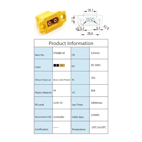 XT60BE - 1 Piece Male Connector