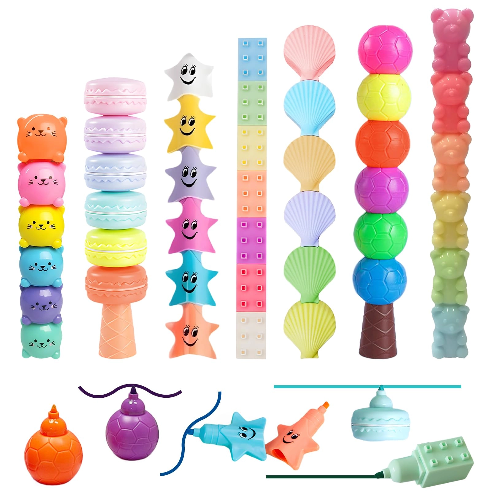 cnymany Mini Highlighter Pens - Assorted pastel Unique Shapes