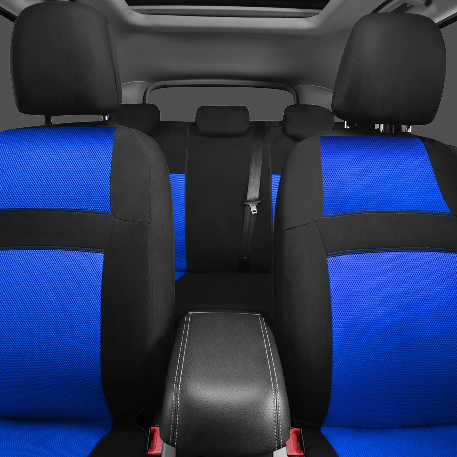 Car Seat Covers - Air Mesh Leather + Car Floor Mats - Waterproof + Steering Wheel Cover - Sporty