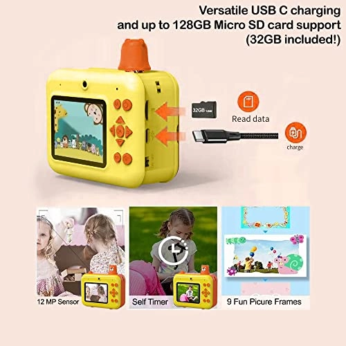 PRINTY - 1080P HD Instant Print Camera 32GB Yellow Selfie