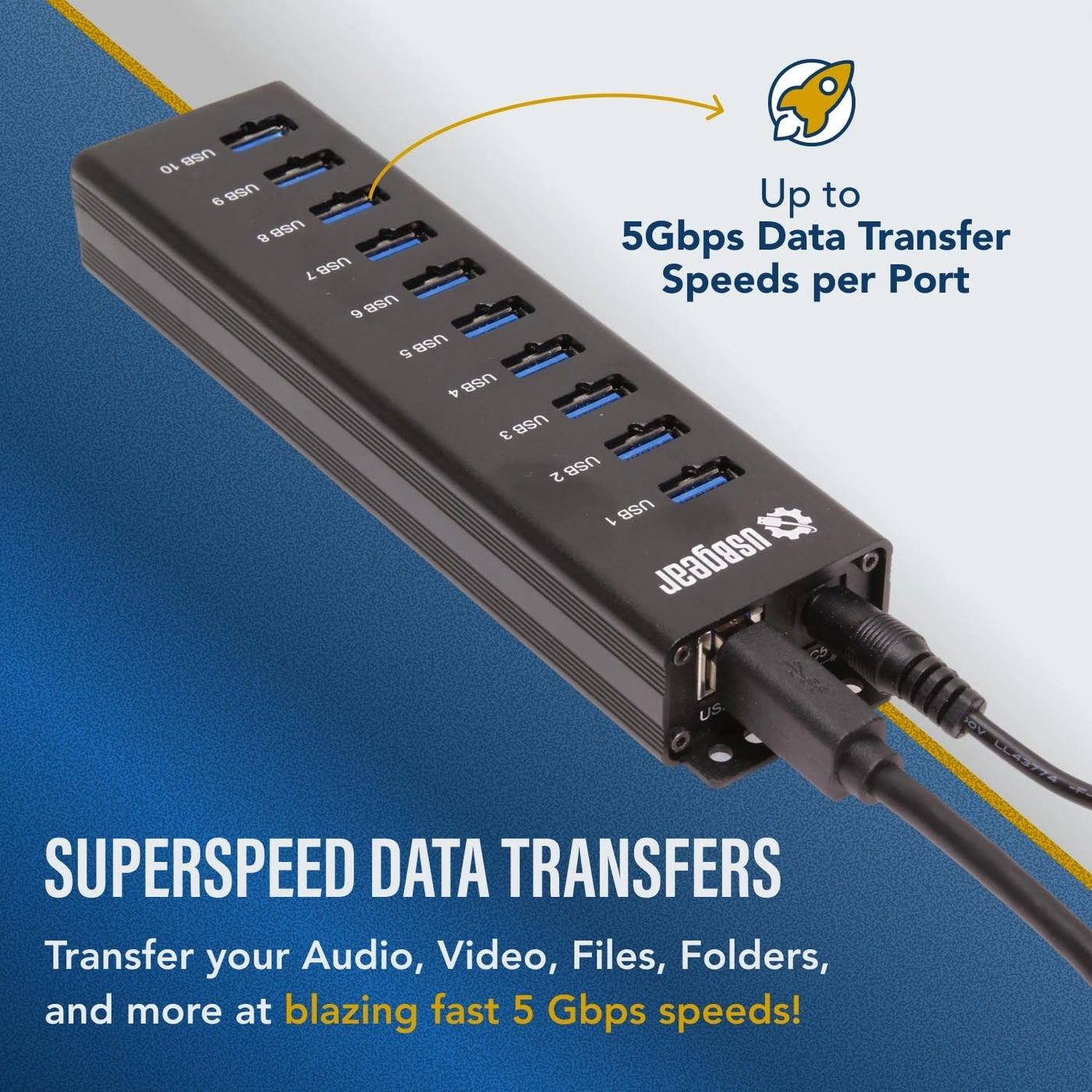 USB 3.2 Gen 1 Mountable Charging and SuperSpeed Data Hub - 10-Port Up to 900mA per Port