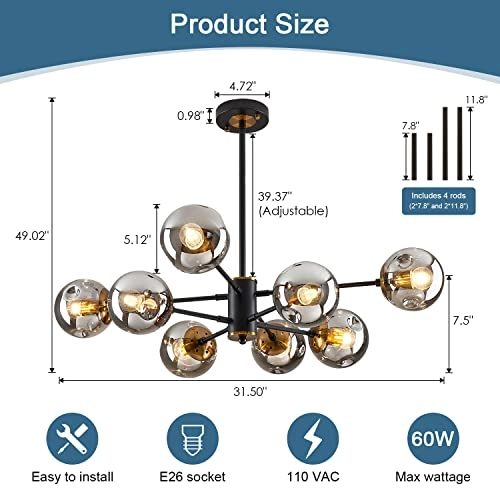 8-Light Sputnik Chandelier - adjustable height:39.2"(includes two 11.8" and two 7.8"rods)