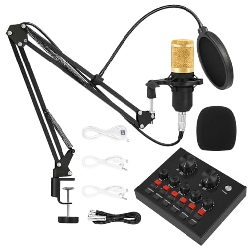 Condenser Microphone + Adjustable Scissor Arm Stand + Live Sound Card Mixer - Wired Microphone