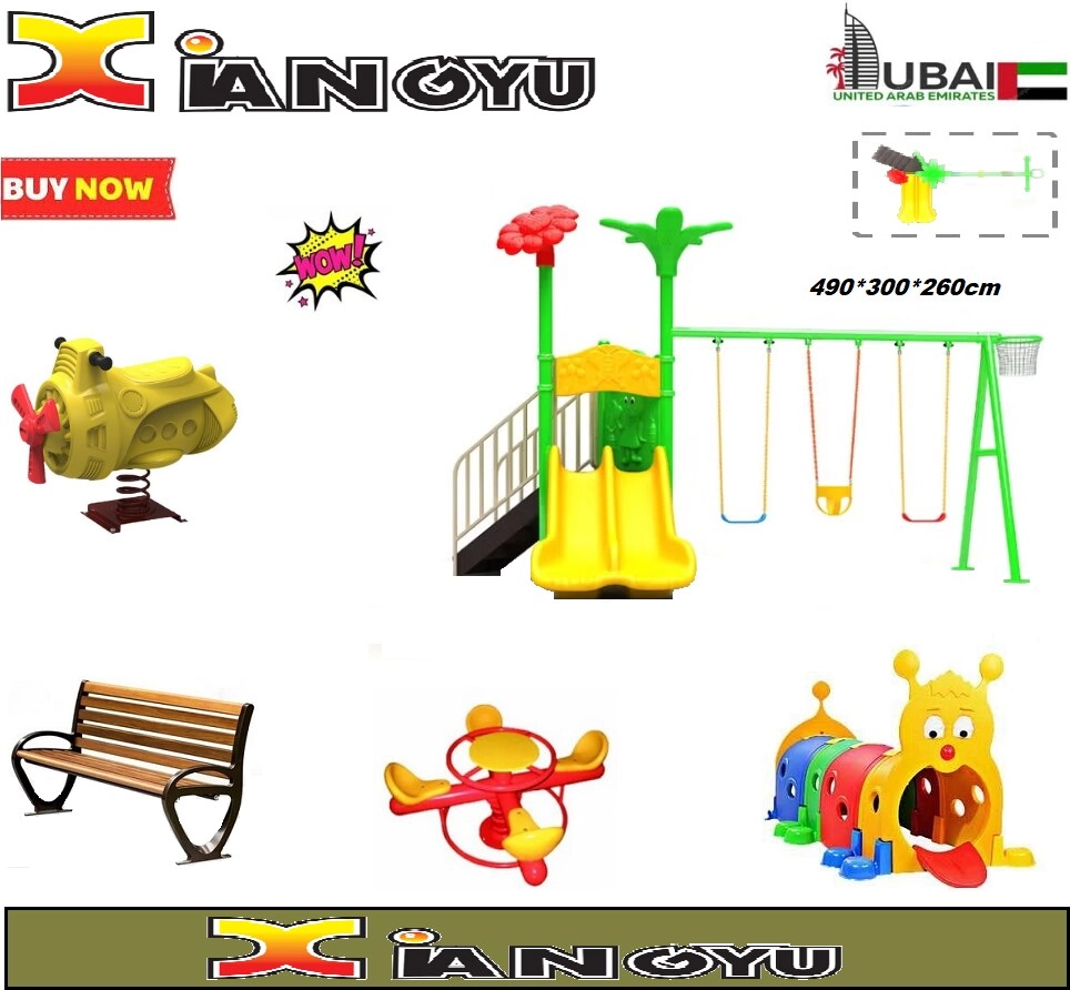 Spring Rider + Round Trampoline - 8FT + Caterpillar Tunnel + Slide and Swing Playground Set + Two Seater Seesaw