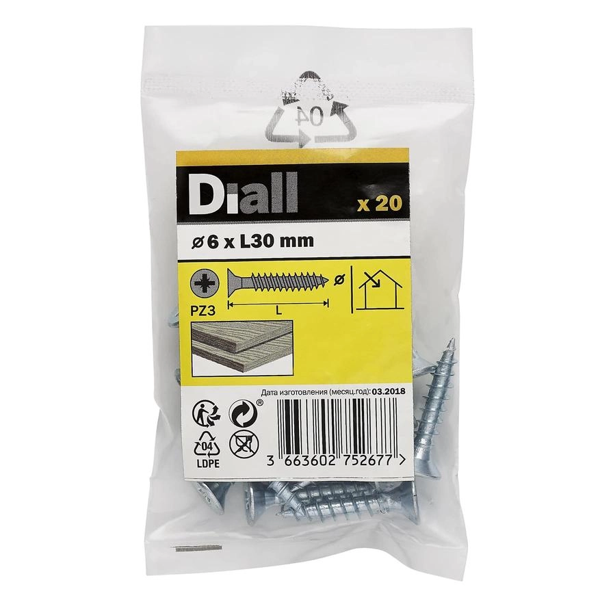 Diall Zinc-Plated Carbon Steel Wood Screw - 30 mm 6 mm