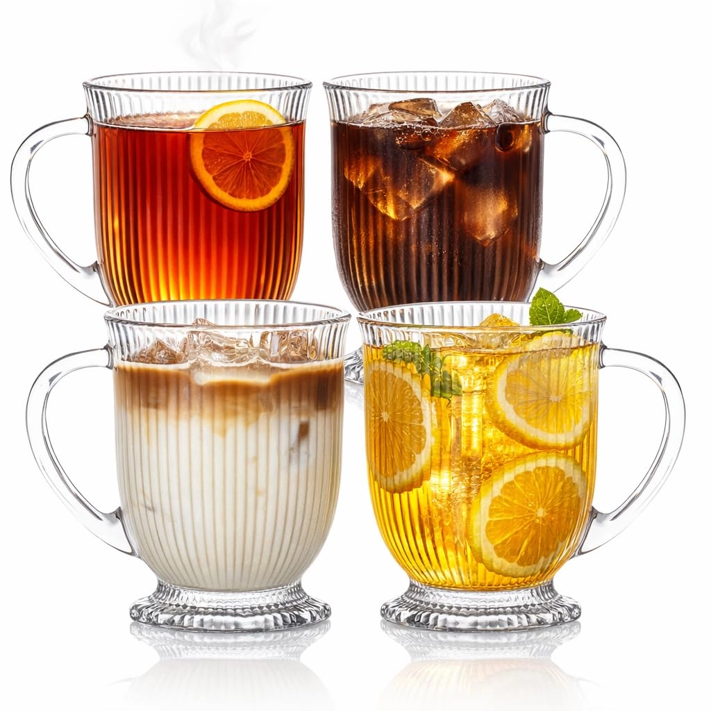 kemorela Ribbed Glass Tumbler - 4 pcs Handle 480 ml