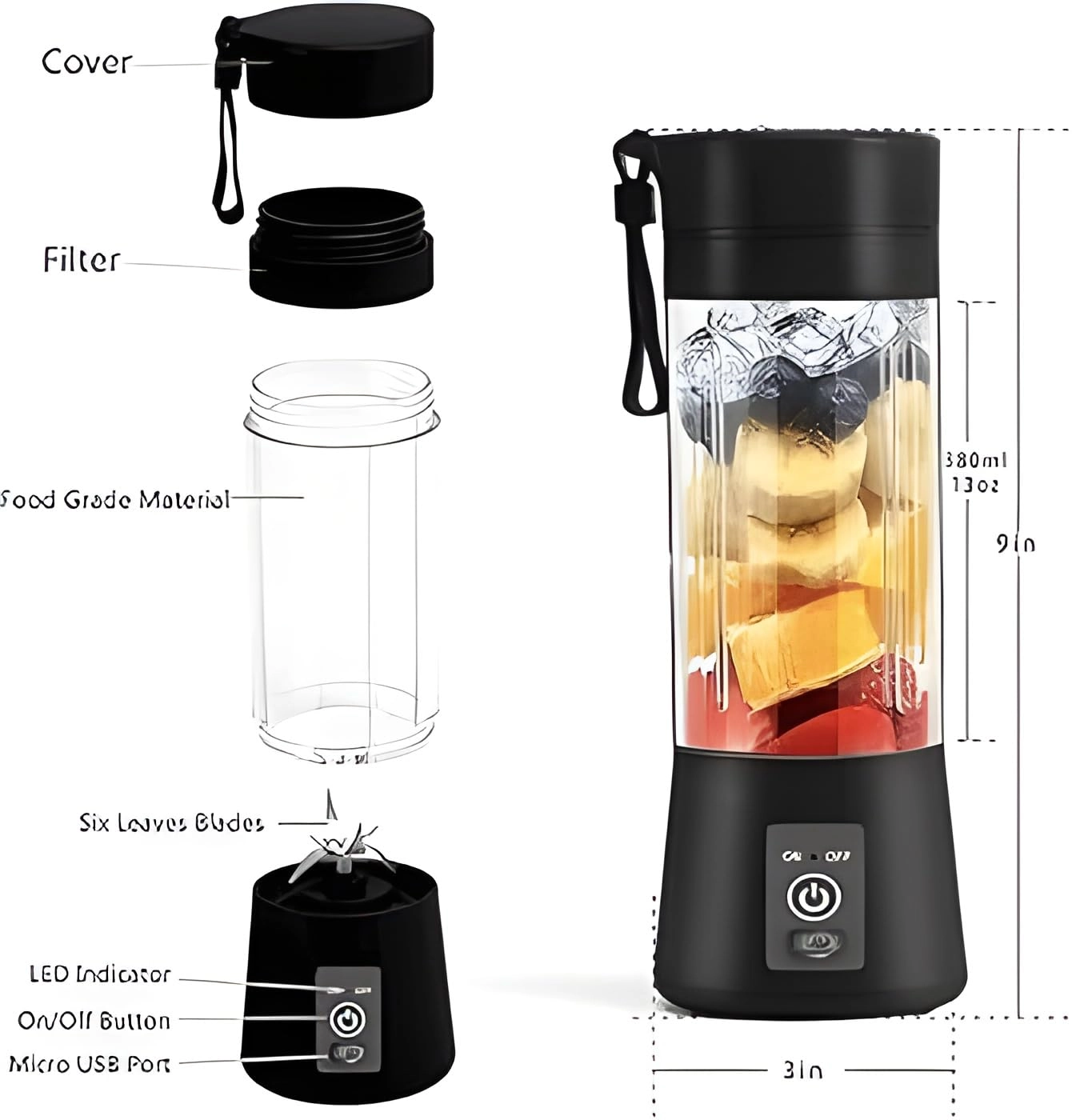 Mini Portable Blender - 6 Blade USB Rechargeable