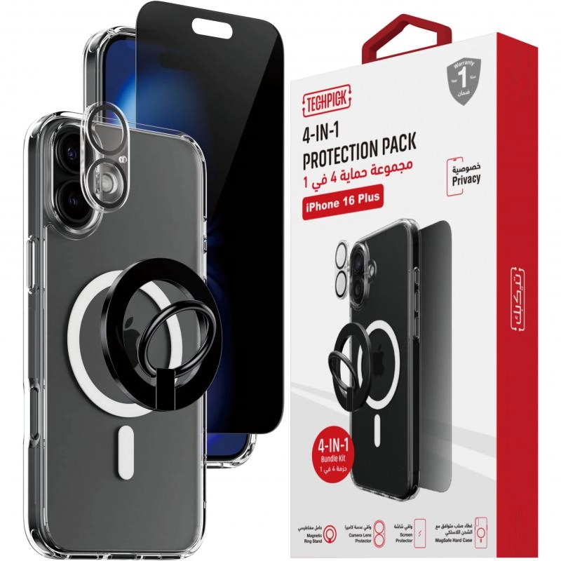 Clear Case + Privacy Tempered Glass + Camera Lens Protector + Magnetic Stand for iPhone 16 Pro Max