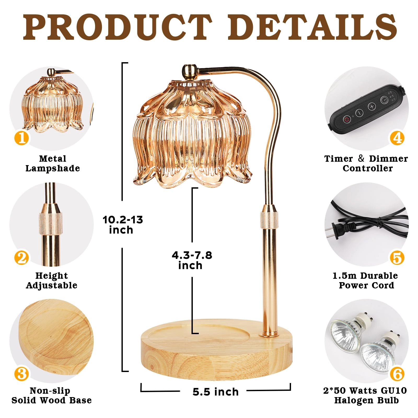 Candle Warmer Lamp - Height Adjustable Timer 2 Bulbs