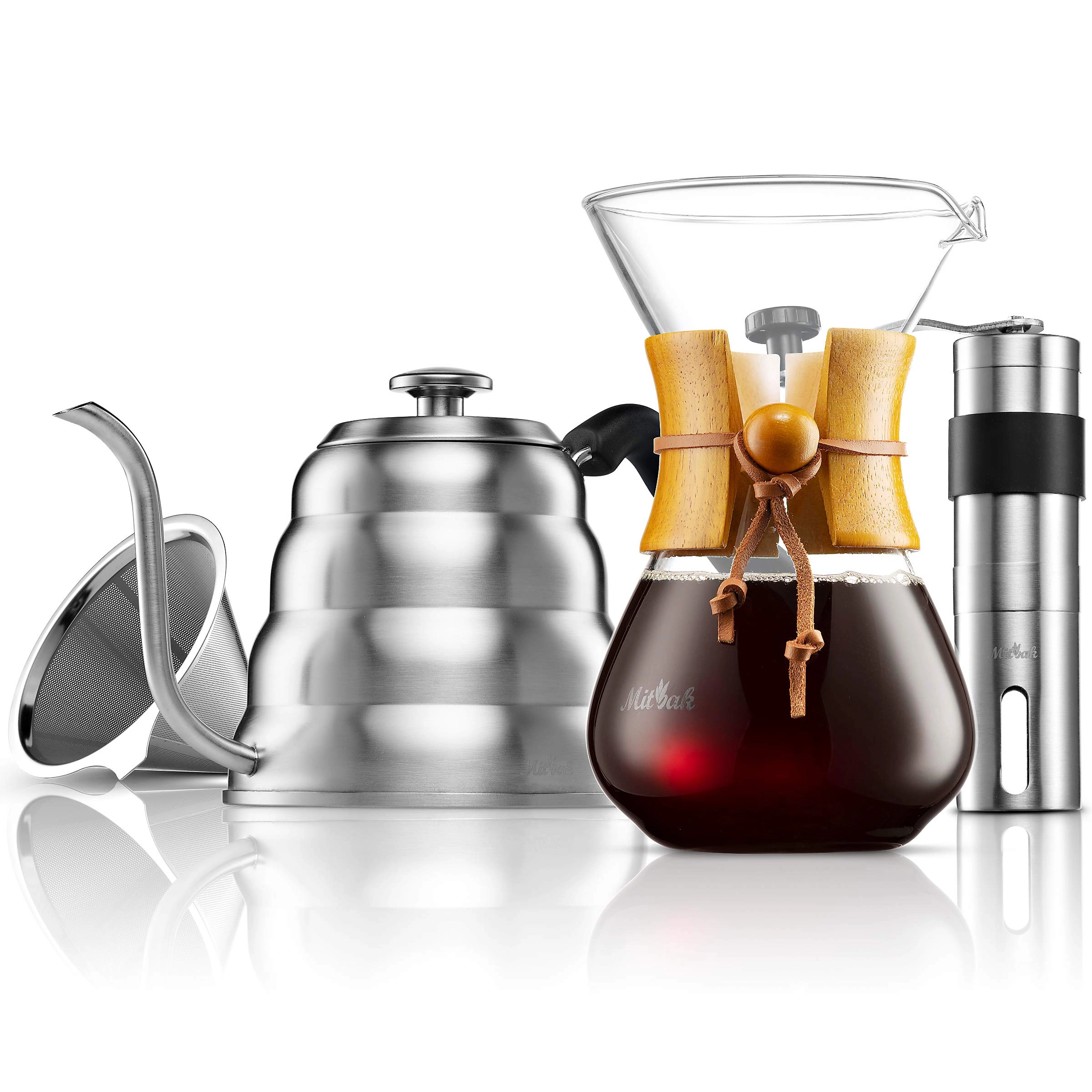 MITBAK Gooseneck Kettle - Thermometer + Coffee Mill Grinder - Integrated Grinder + Paperless Glass Coffee Brewer