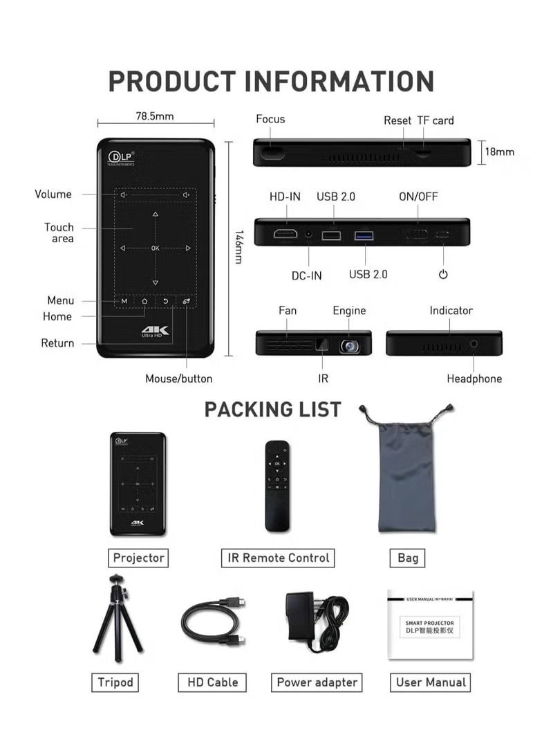 Mini Portable LED Wifi Projector 150 ANSI lumens 2K