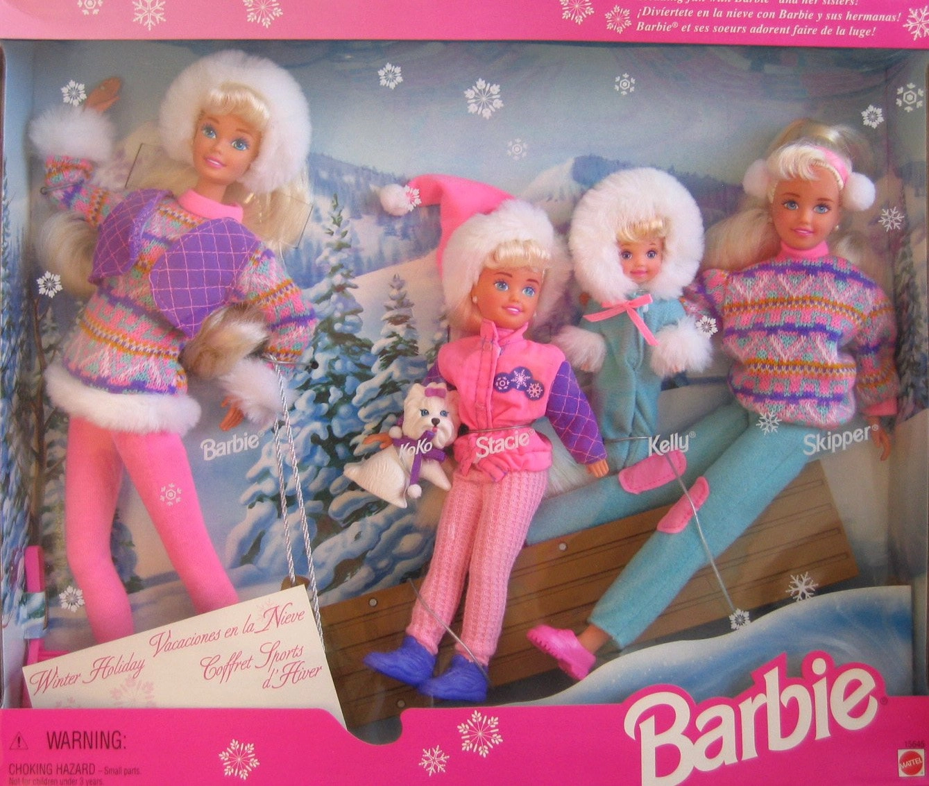 Barbie Doll - 11.5" + Stacie Doll - 7.5" + KOKO Dog - 2" + Kelly Doll - 4.5" + Skipper Doll - 10.5" + Sled - 9.5" + Hair Brush