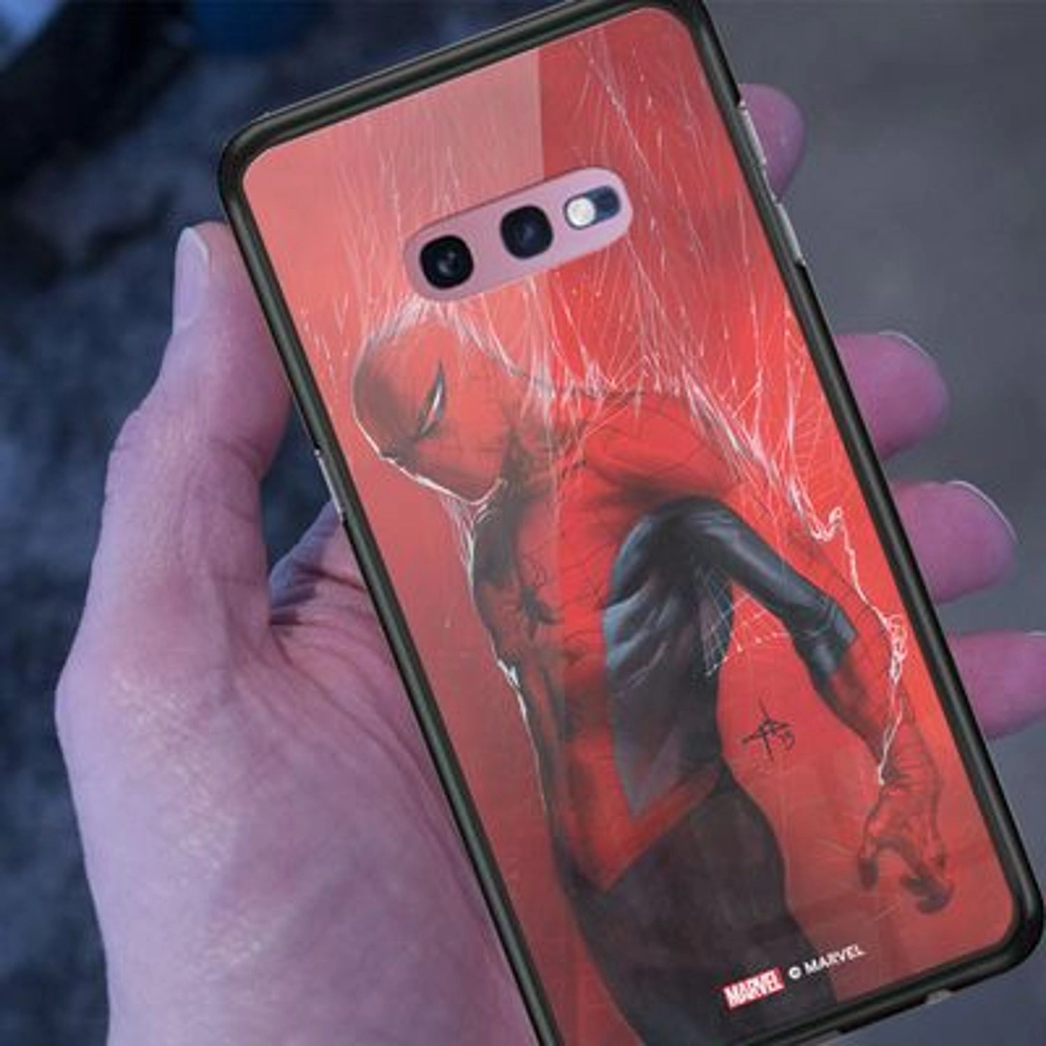 Webbed Spiderman Samsung S10e Cover - TPU Bumper Case + Tempered Glass Back for Galaxy S10E