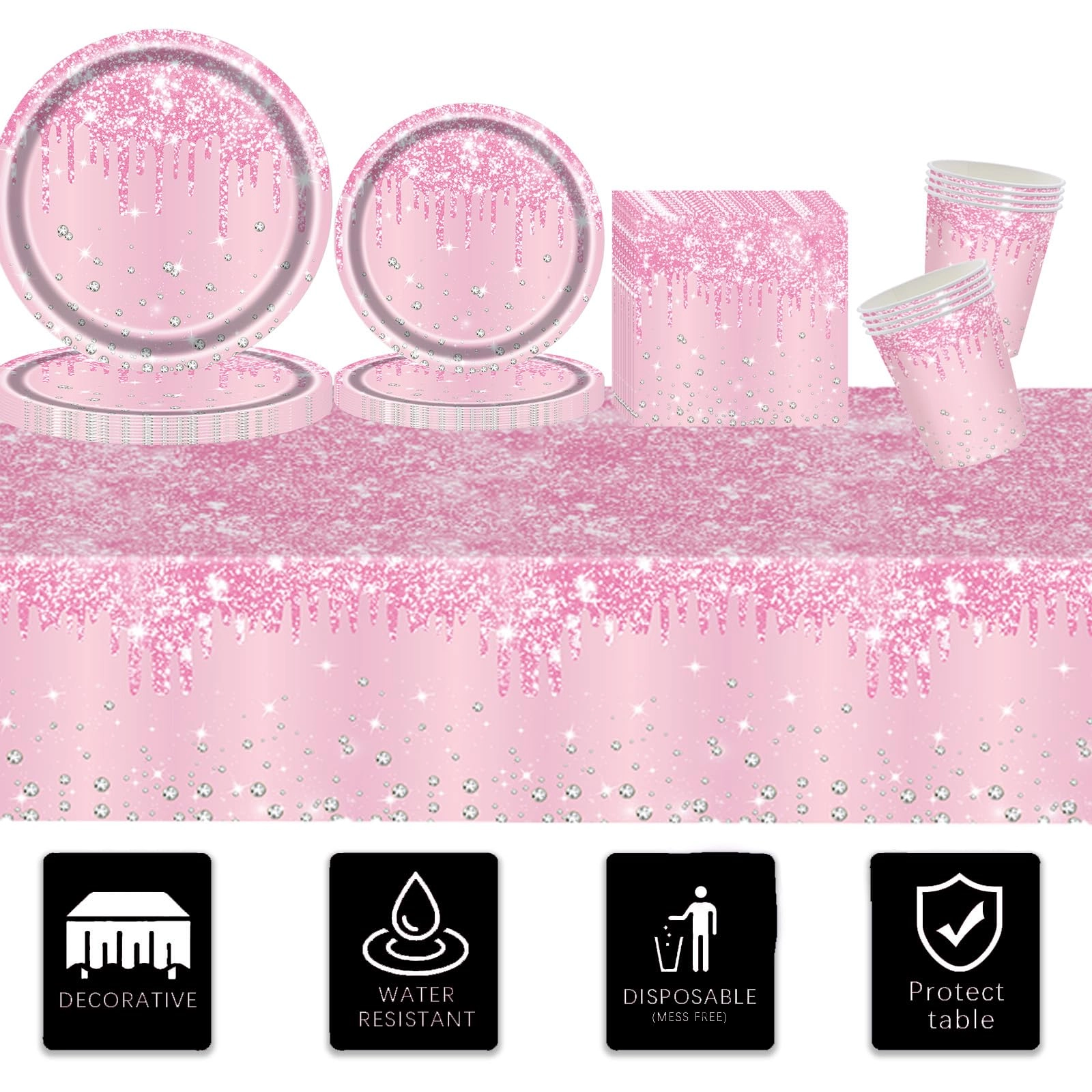 Shiny Glitter Diamond Party Tableware - 81pcs Birthday, Baby Shower Party