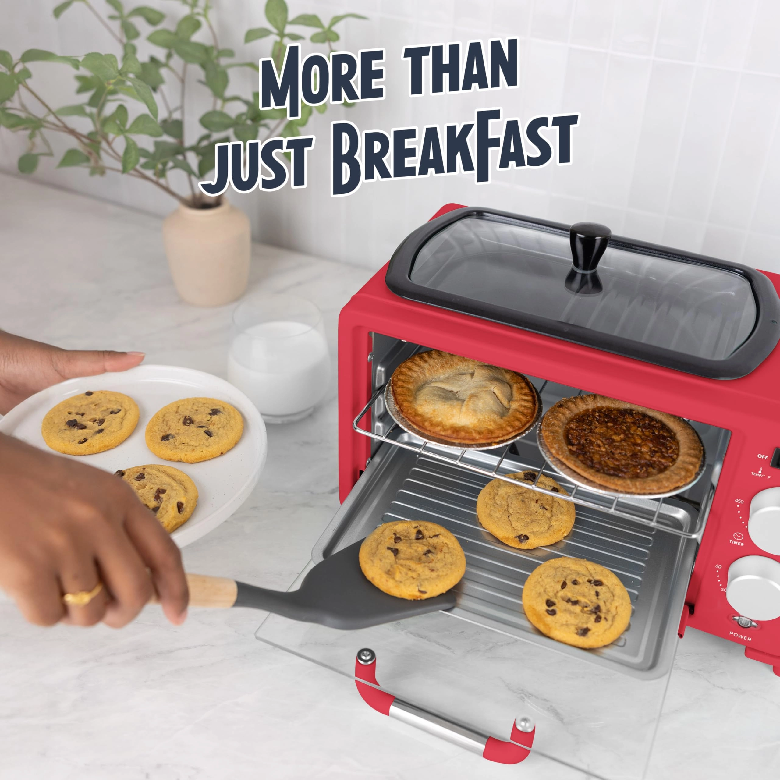 3-in-1 Retro Breakfast Station - 5 Cups Non-Stick Ceramic Griddle 4-Slice Toaster Oven