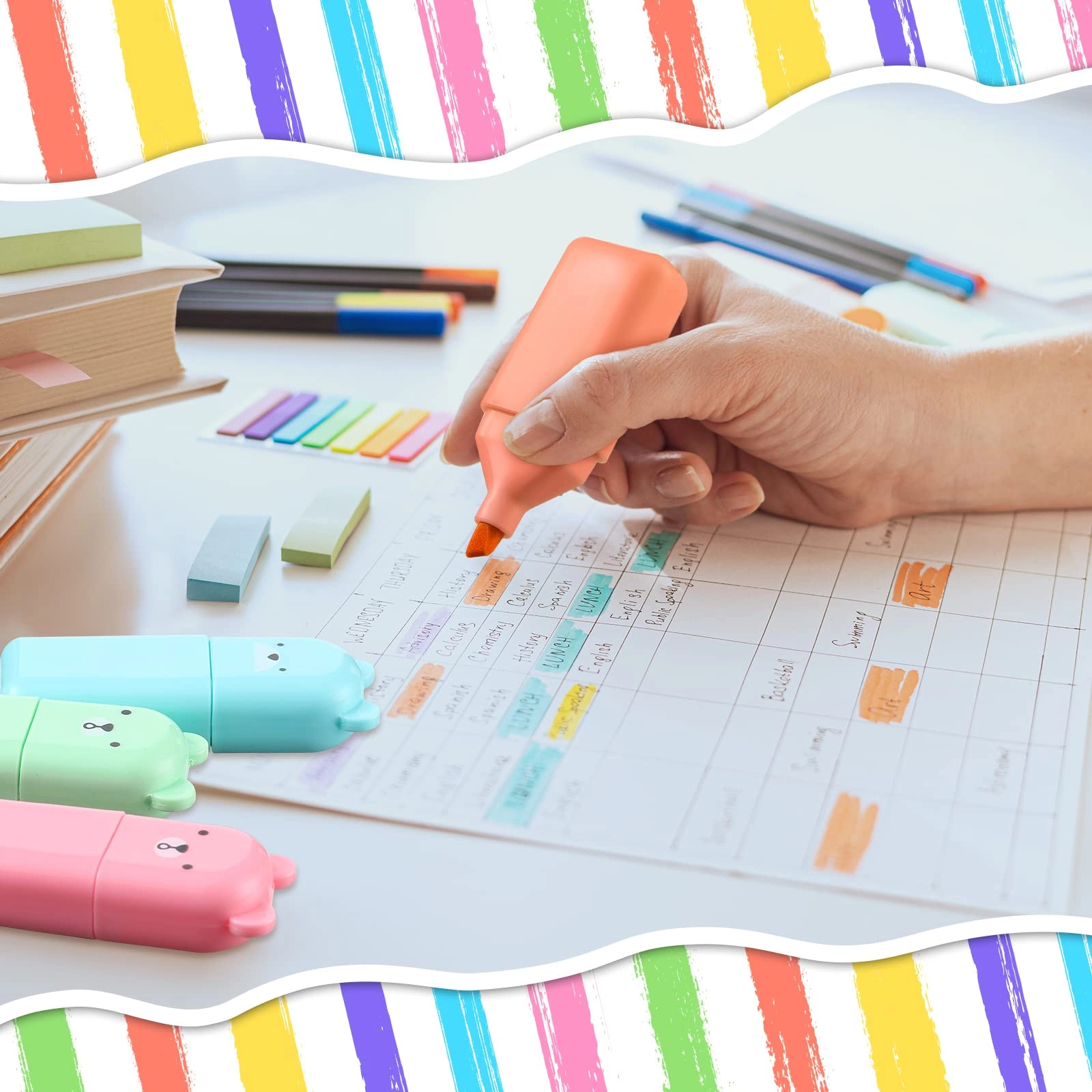 18 Pcs Cute Highlighter Pens - blue yellow green orange purple pink Chisel