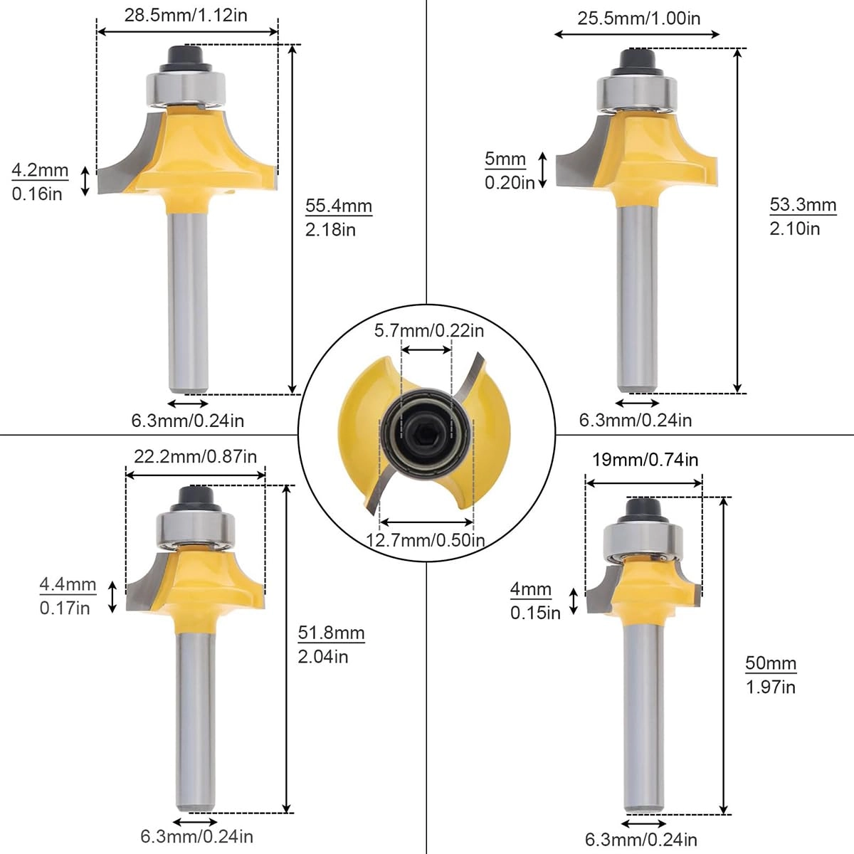 Roundover Router Bit Set - 4Pcs 6mm