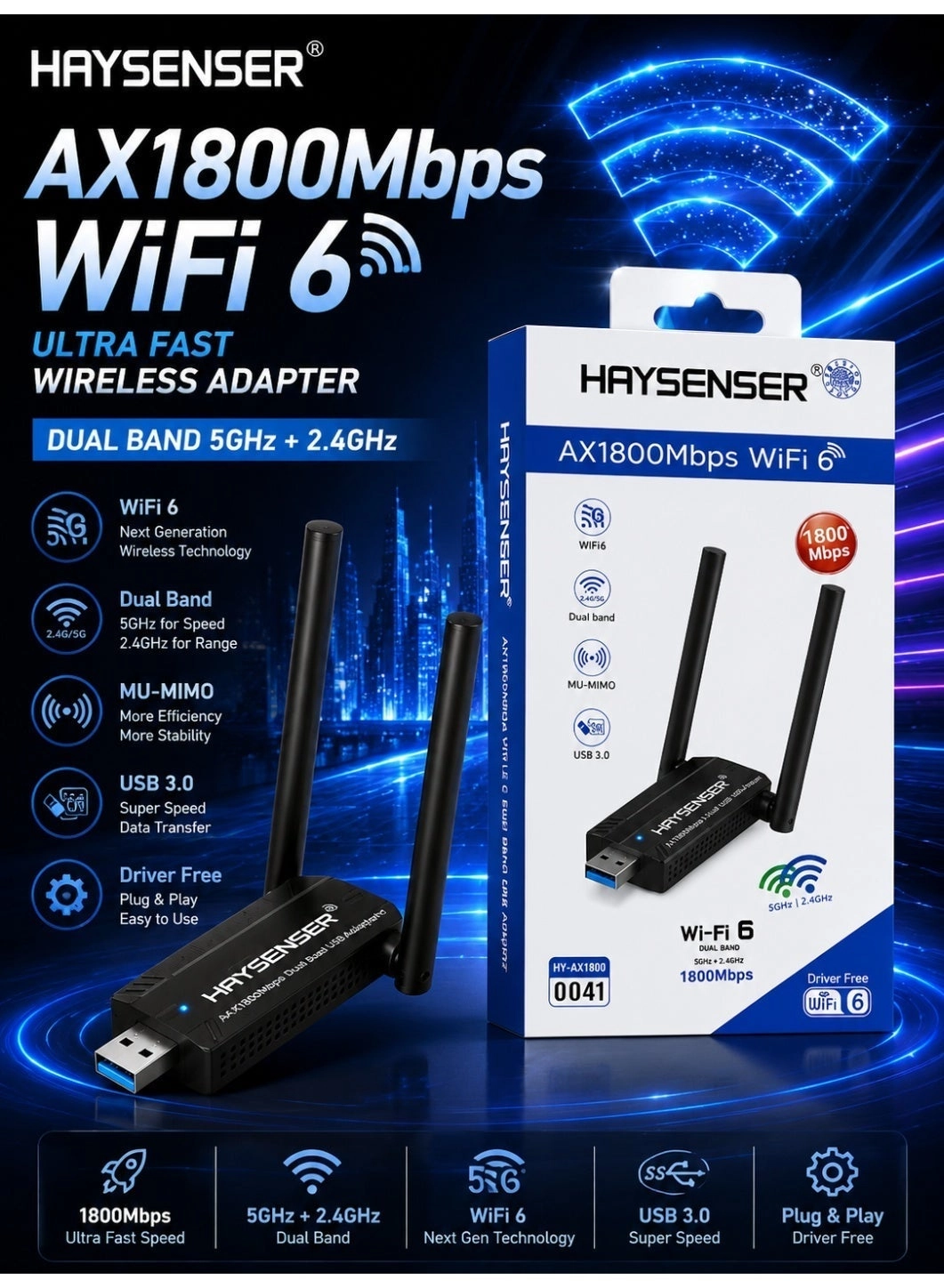 AX1800 USB Adapter - Dual Band 2.4GHz & 5GHz USB 3.0 WiFi 6