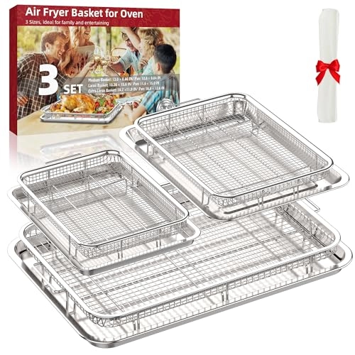 Oven Air Fryer Basket and Tray - Stainless Steel Set of 3