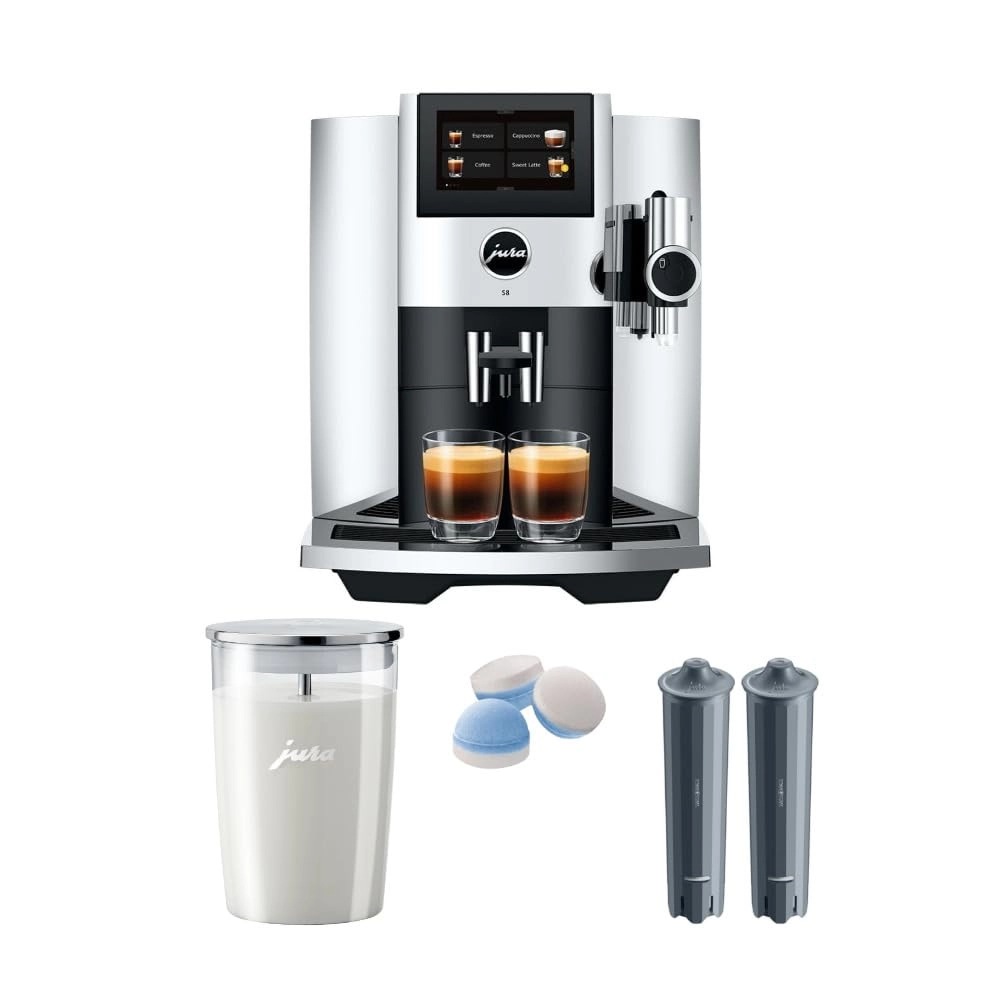 JURA S8 15212 - PEP + Milk Container + CLEARYL Smart Filter Cartridge + Tiara Espresso Cup and Saucer + 64308 Cleaning Tablets