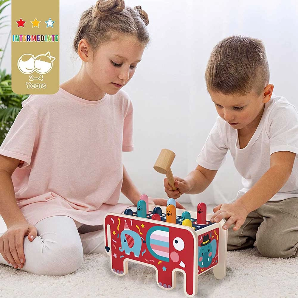 Elephant Hammer Pound Bench - Suitable for 2 years and above 1 Elephant Pounding Bench, 2 Hammer and 10 Moles.
