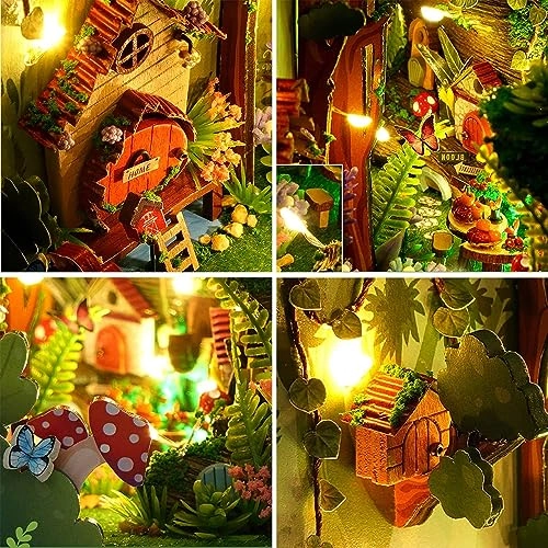 DIY Dollhouse Wood Bookends Book Nook Model Building Kit - LED Light Brown