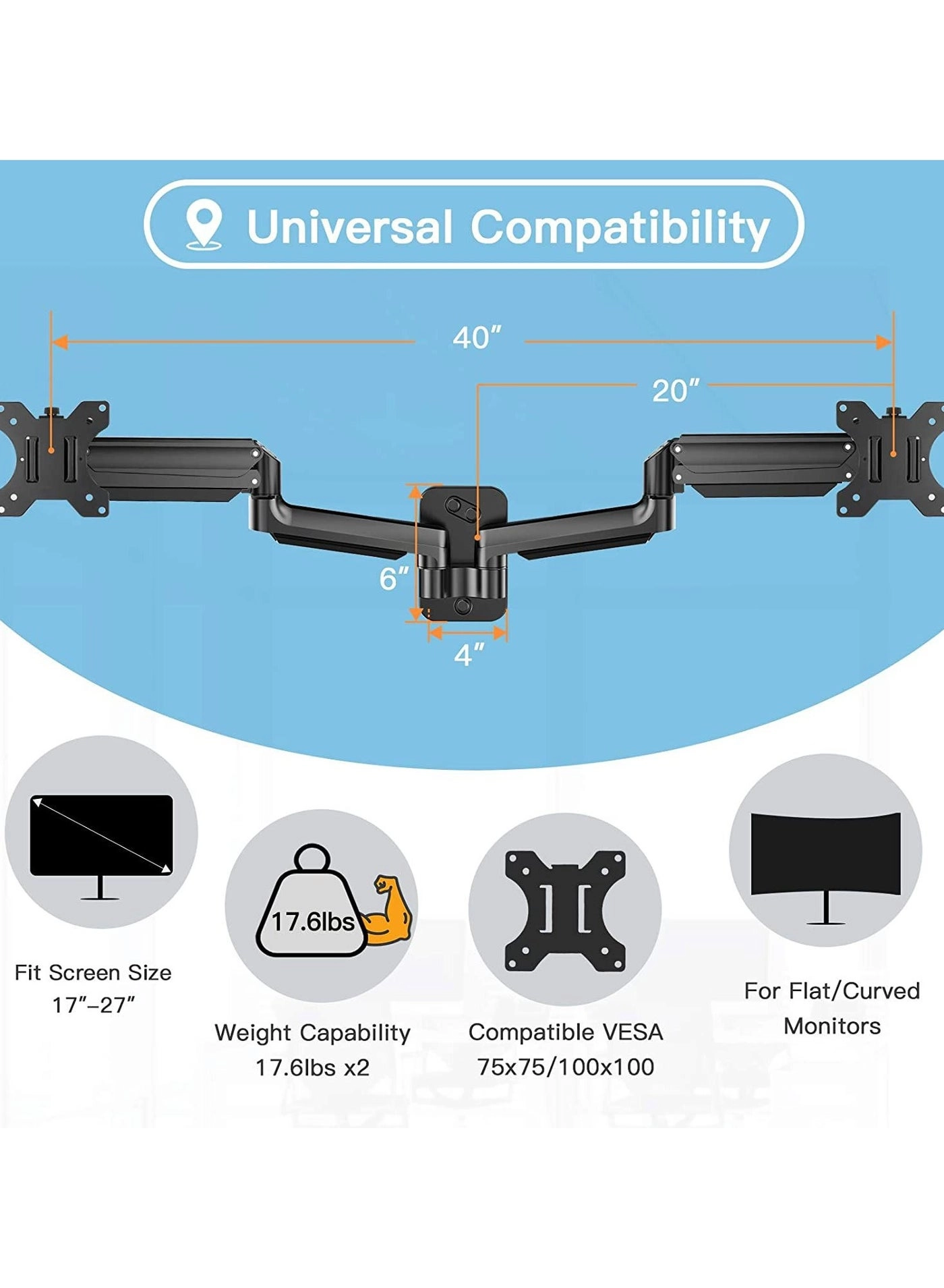 Dual Monitor Wall Mount - 2 arms 27 inch 100x100mm