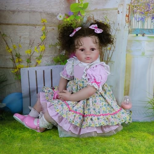 Reborn Baby Doll - 24 inch 61cm Soft Vinyl Brown Curly Hair Ages 14+