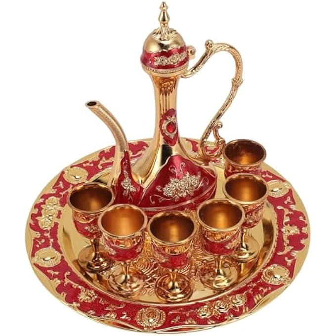 Turkish Coffee Pot - Metal + Coffee Cups - 6 + Tea Tray