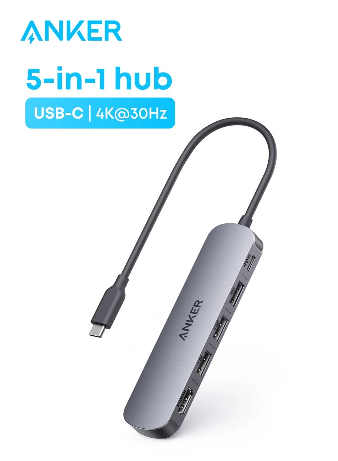 USB-C Hub - 5-in-1 100W Max Power Delivery + USB C to HDMI Cord - 4K@60Hz 3 FT