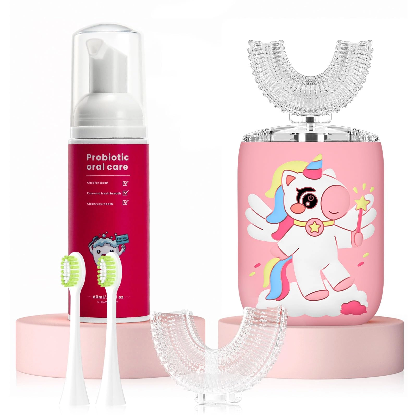 Kids Electric U Shaped Toothbrush - 4 Brush Heads Rechargeable IPX7 Waterproof