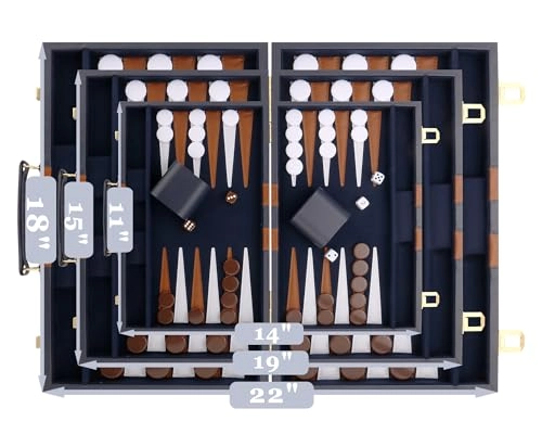Backgammon Set - Premium Leather Case Blue Grey