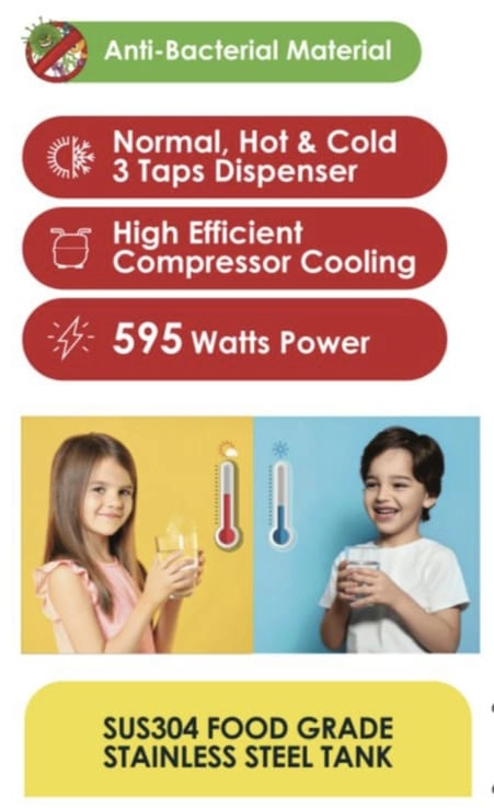 Top Loading Water Dispenser with Storage Cabinet - 3L cold 1L hot